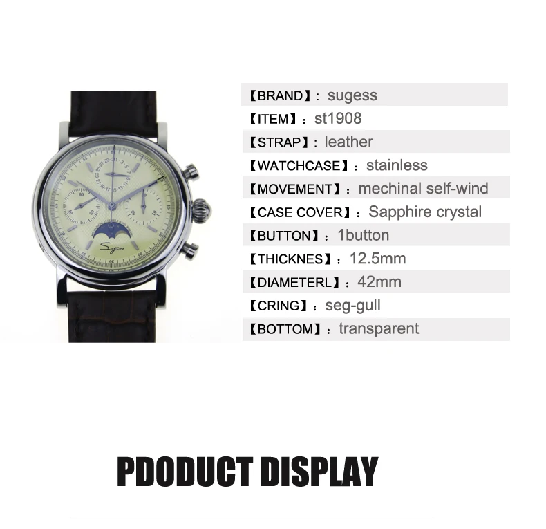 Seagull movement st1908 compliation Moon Phase хронограф дат Лук Корона выставка задняя рука ветер механические часы M199S