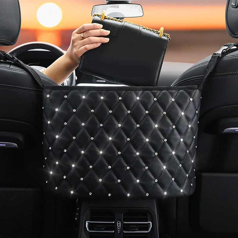 

PU Leather Car Organizer Storage Bag Diamond Rhinestone Car Container Barrier of Backseat Holder Multi-Pockets Stowing Tidying
