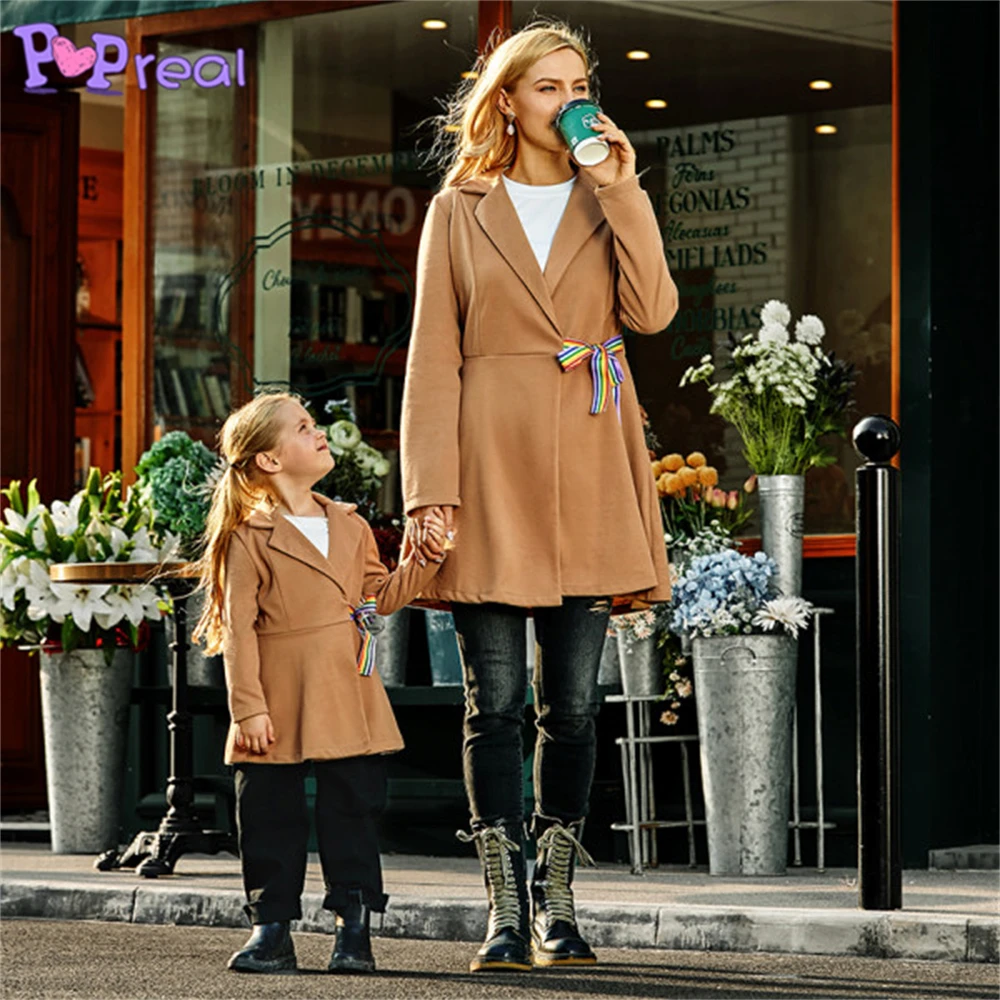 

PopReal Autumn Mom And Daughter Coat Fashion Jacket Color belt Lapel Woolen Coat Family Matching Outfits Mother Kids Clothes