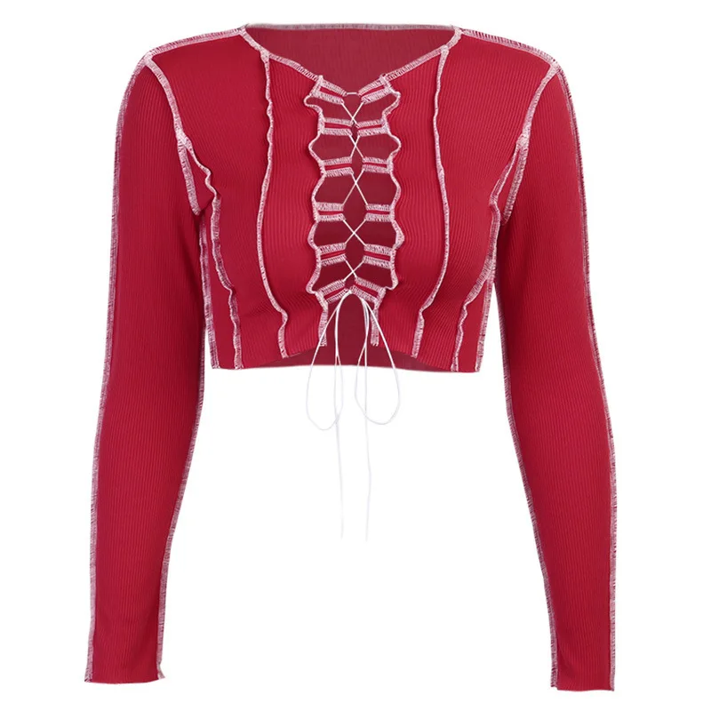 

2021 Women Crop Top Y2K Femme T-Shirts Contrasting Color t Shirt Long-Sleeved Slim T-Shirt Strappy Hollow Harajuku Sexy Tops