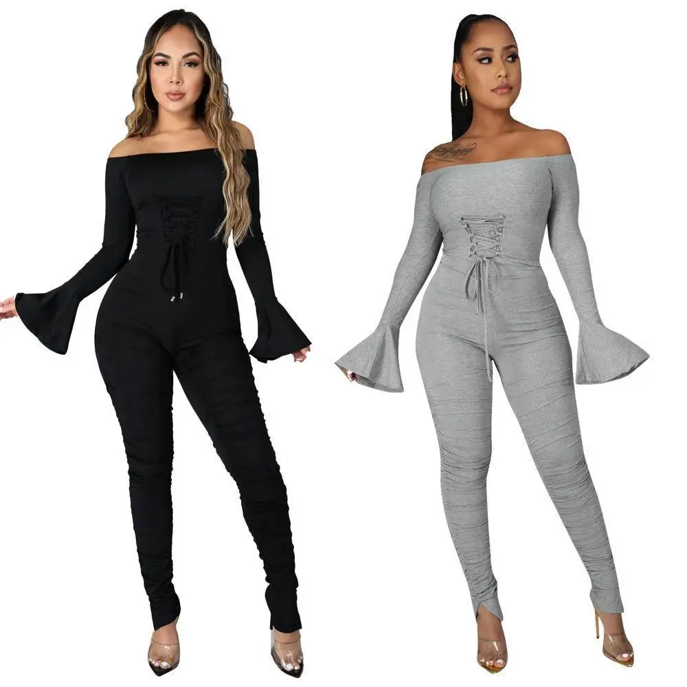 

Sexy Bodycon Women Jumpsuit Slash Neck Long Sleeve Rompers Skinny Overalls Women Lace Up Jumpsuits