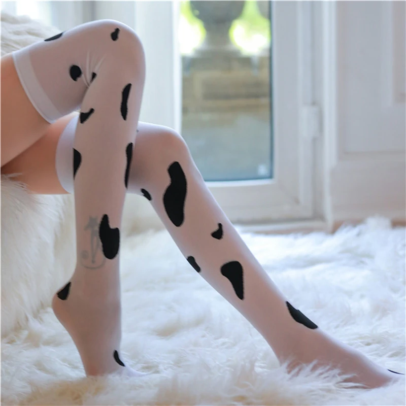 

Women's Cosplay Stockings Female Kawaii Cow Spots Printed Thigh High Stockings Ladies Fashion Cute Lovely Milk Pantyhose