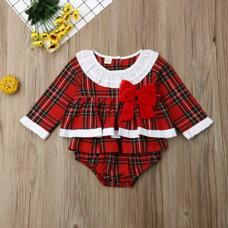 Emmababy Newborn Baby Girls Christmas Plaid Long Sleeve Bodysuit Jumpsuit Xmas Outfits