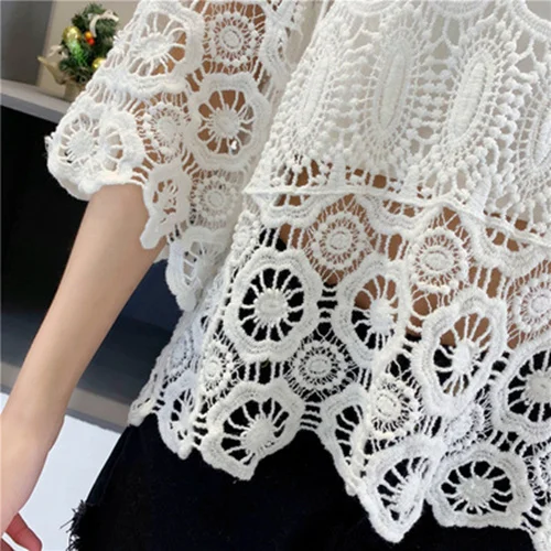 

White Blouse Women 2020 Summer Bohemia Vintage Hollow Out Floral Crochet Lace Shirt Ladies Tops Beach Cover Up blusas mujer T442
