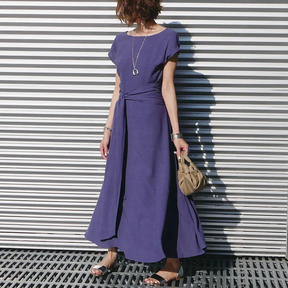 

Women Dress Japan Female Summer Purple Casual A Line Long Maxi Dresses Robe Femme Vestiods Short Sleeve Office Lady Work New