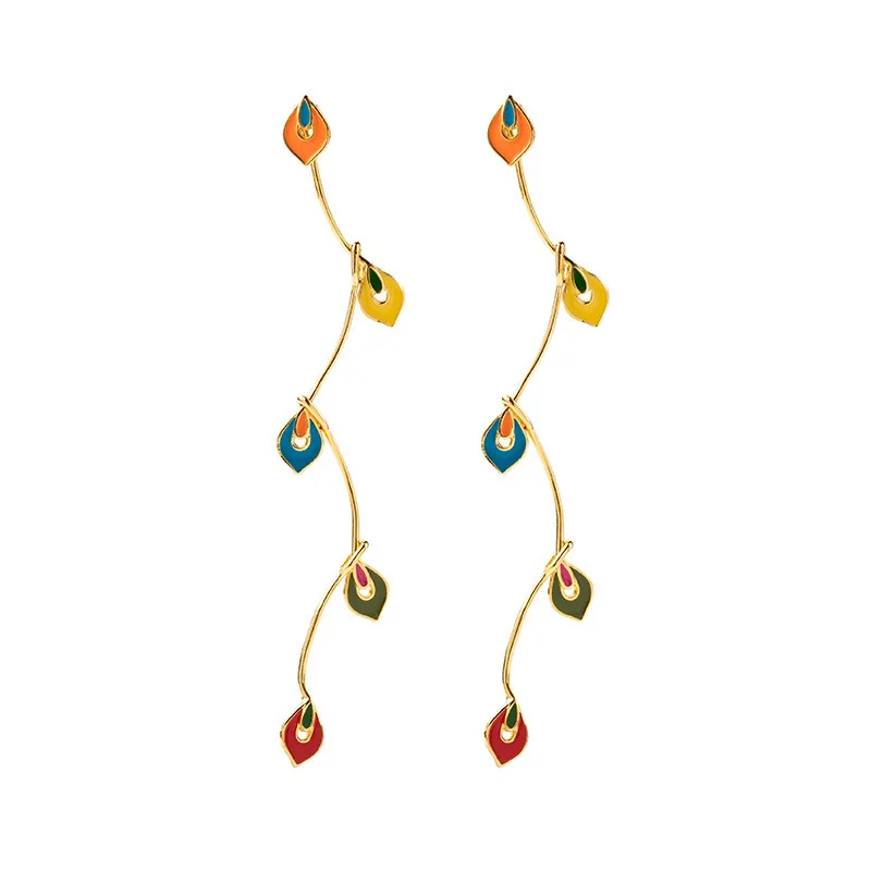 

European and American Enamel Personalized Peacock Feather Earrings S925 Silver Needle Female Long Face Shape Design Earrings
