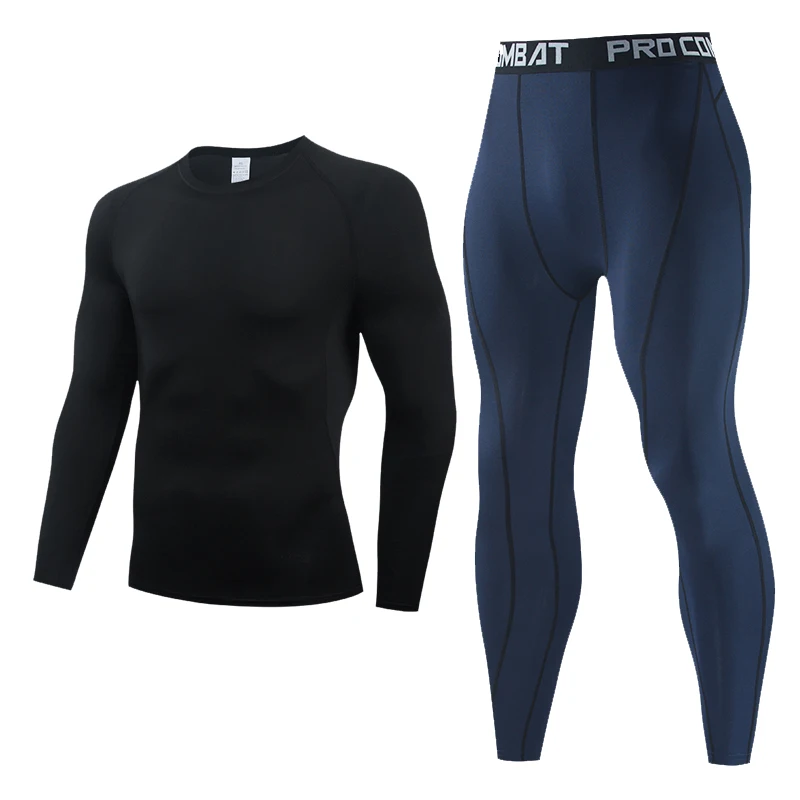 

2 piece track suit Men Running sports suit New Compression sportswear rash guard male Bodybuilding T-shirt Black Man Training