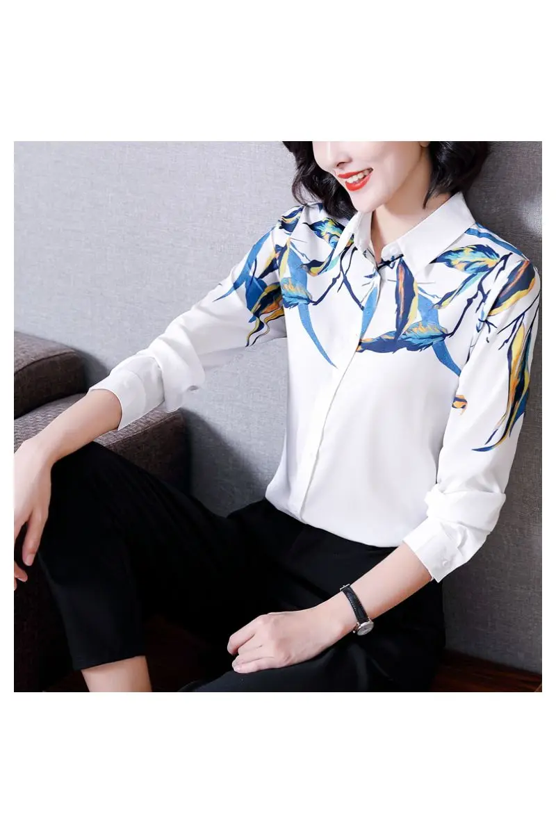 

COIGARSAM Fashion Full Sleeve Shirt Womens tops New Spring Vintage Print Women shirts Blue White 1927