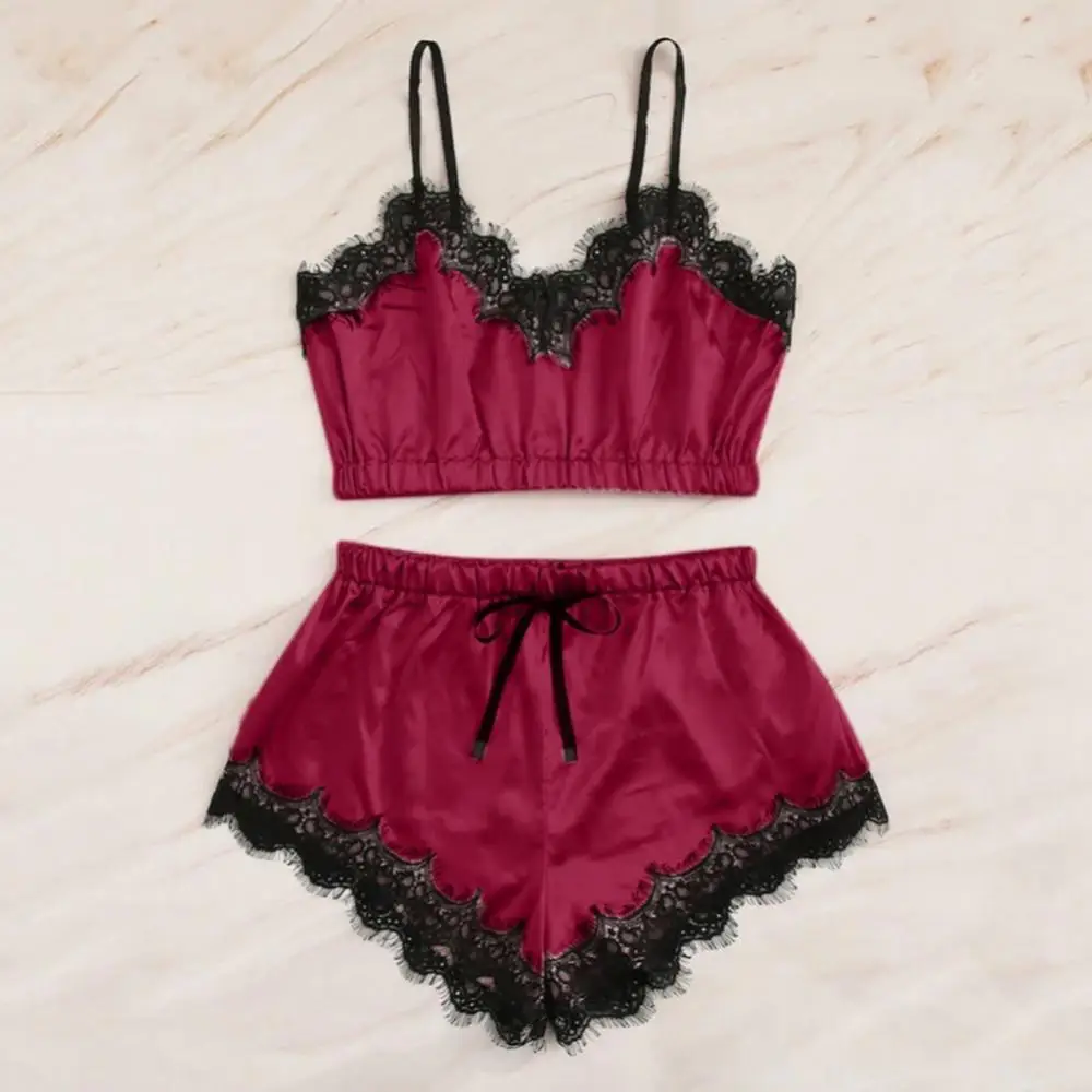 

Sexy Women Lace Patchwork Elastic Sleepwear Set Adjustable Straps Bra Shorts