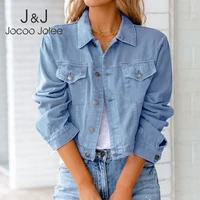 fashion causal denim outwear women solid long sleeve jacket short top single breasted coat jean cardigan turn down collar blouse