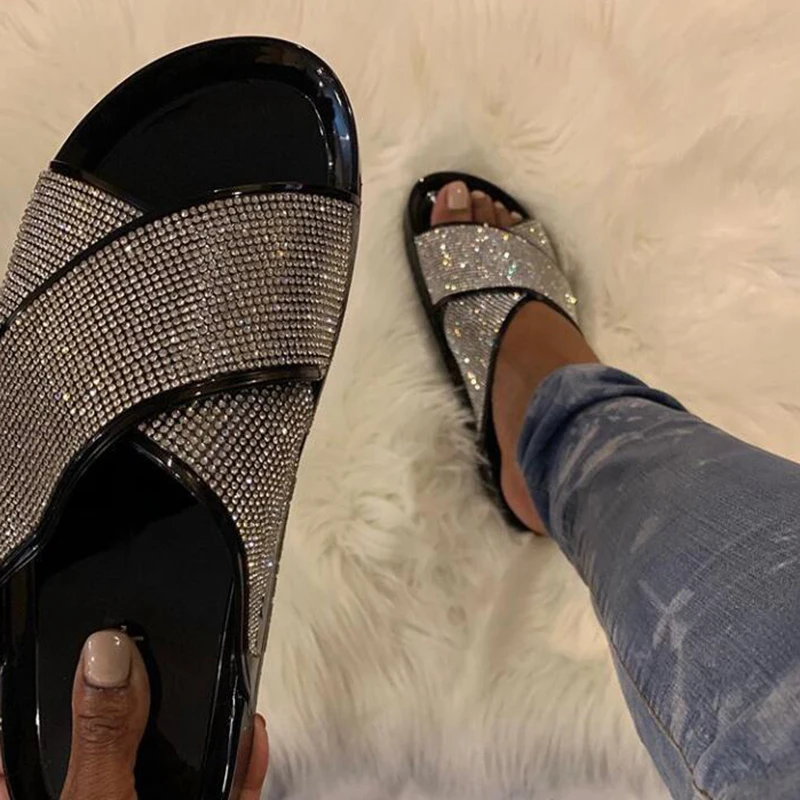 Женские сандалии из материала EVA сексуальные римские блестки стразы ПВХ плоские