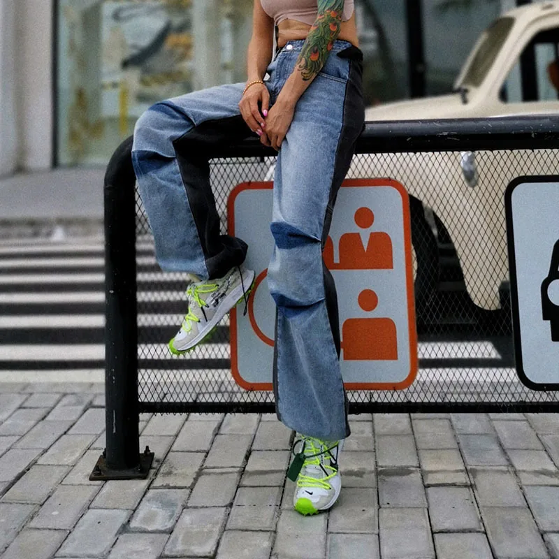 

CHICEVER Loose Jeans For Women High Waist Patchwork Hit Color Designer Ruched Wide Leg Pants Streetwear Female 2020 Fall Clothes