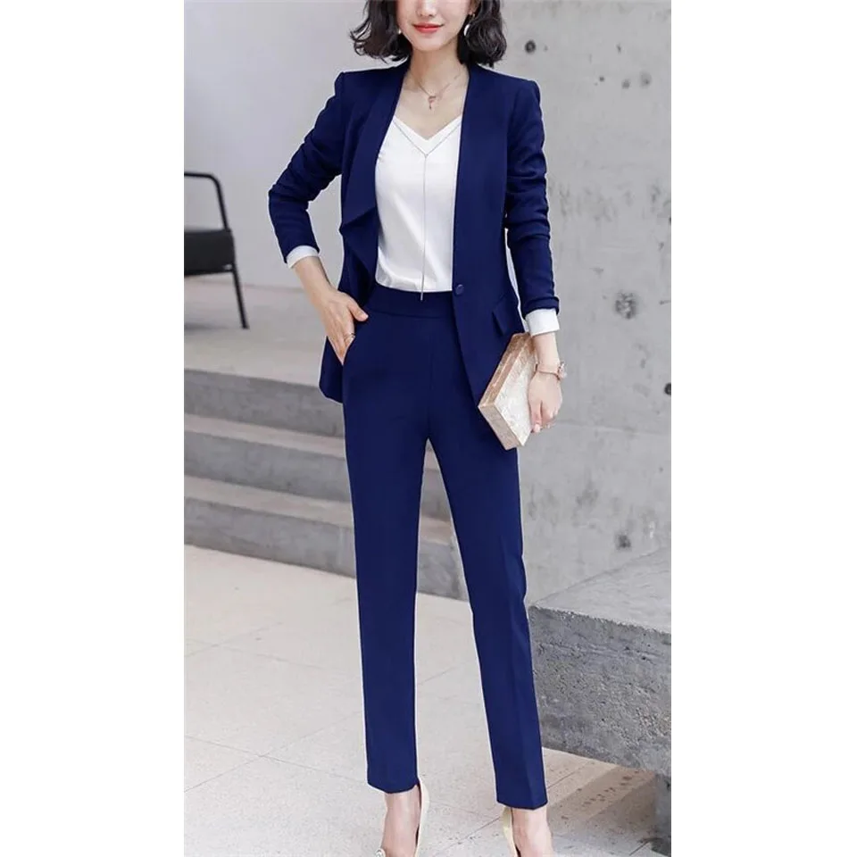 

Ladies Pant Suits Royal Blue Jacket+Pants Women Business Suits Blazer Formal Office Uniform Style Female Trouser PantSuit
