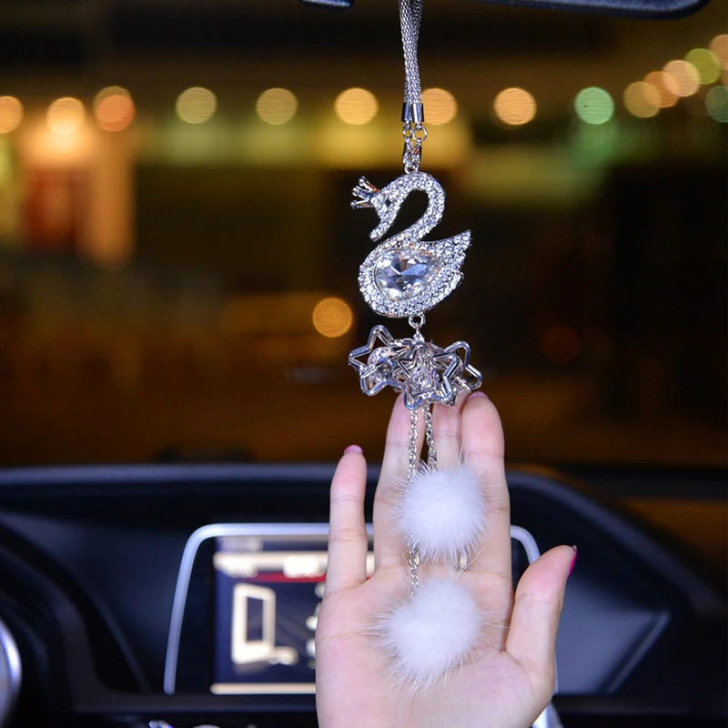 

Car Pendant Fashion Diamond Crystal Fur Ball Swan Element Decor Automobile Rearview Mirror Car Hanging Ornaments Accessories