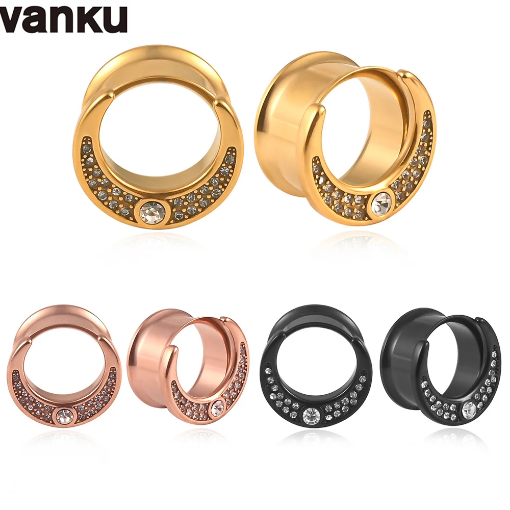 

Vanku 2pcs Stainless Steel Round Moon CZ Earrings Ear Expanders plugs Stretchers Ear Tunnels Gauges Piercing Body Jewelry