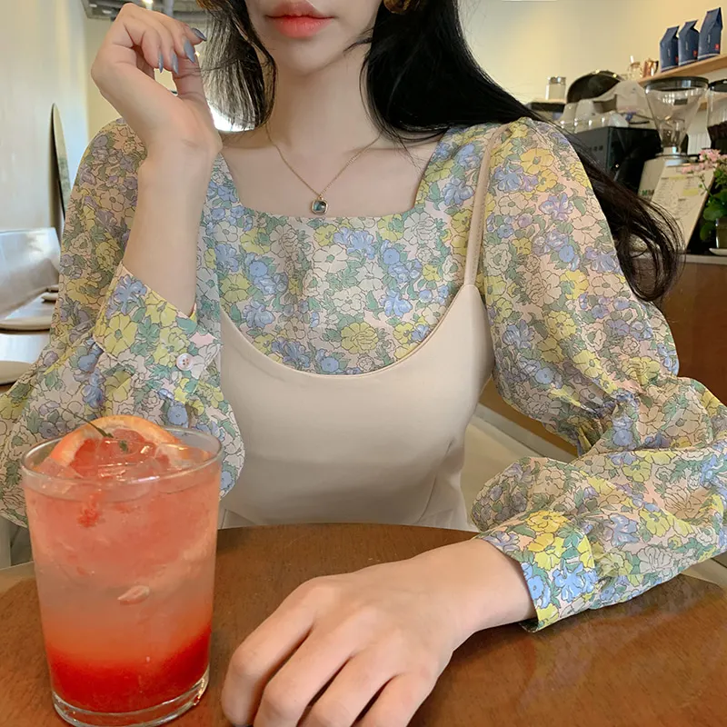 

Floral Print Vintage Women Blouses Long Sleeve Sexy Square Neck Korean Chic Ulzzang Ladies Office Tops Casual Blusas Mujer