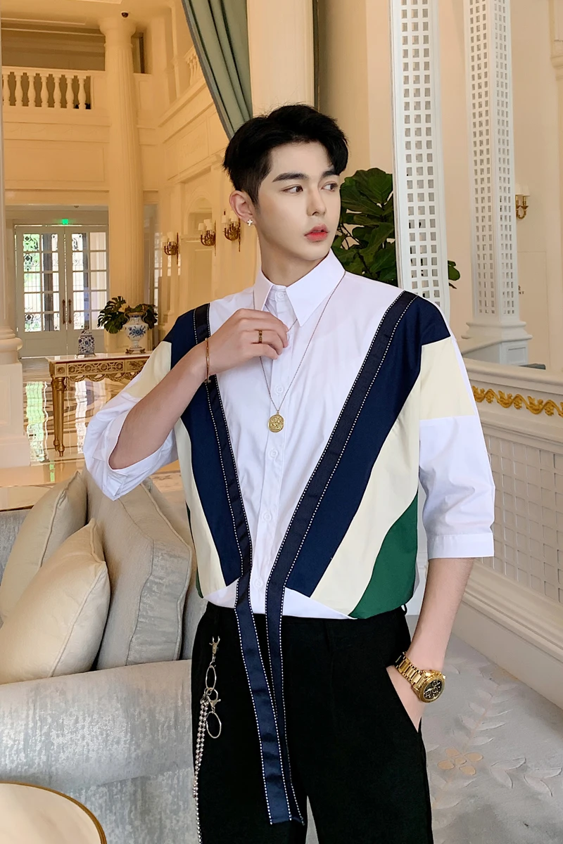 Контрастная V Форма лента рубашка ингредиент Мужская Дизайнерская мужская Harajuku