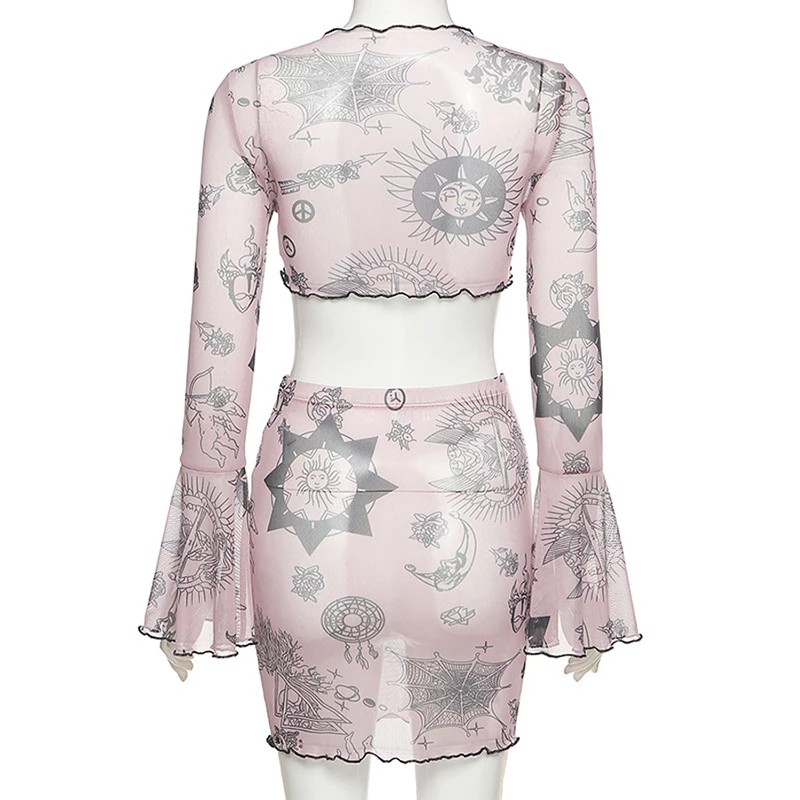 

Women's Wear Flared Sleeve V-neck crop T-shirt hip wrap slim skirt set