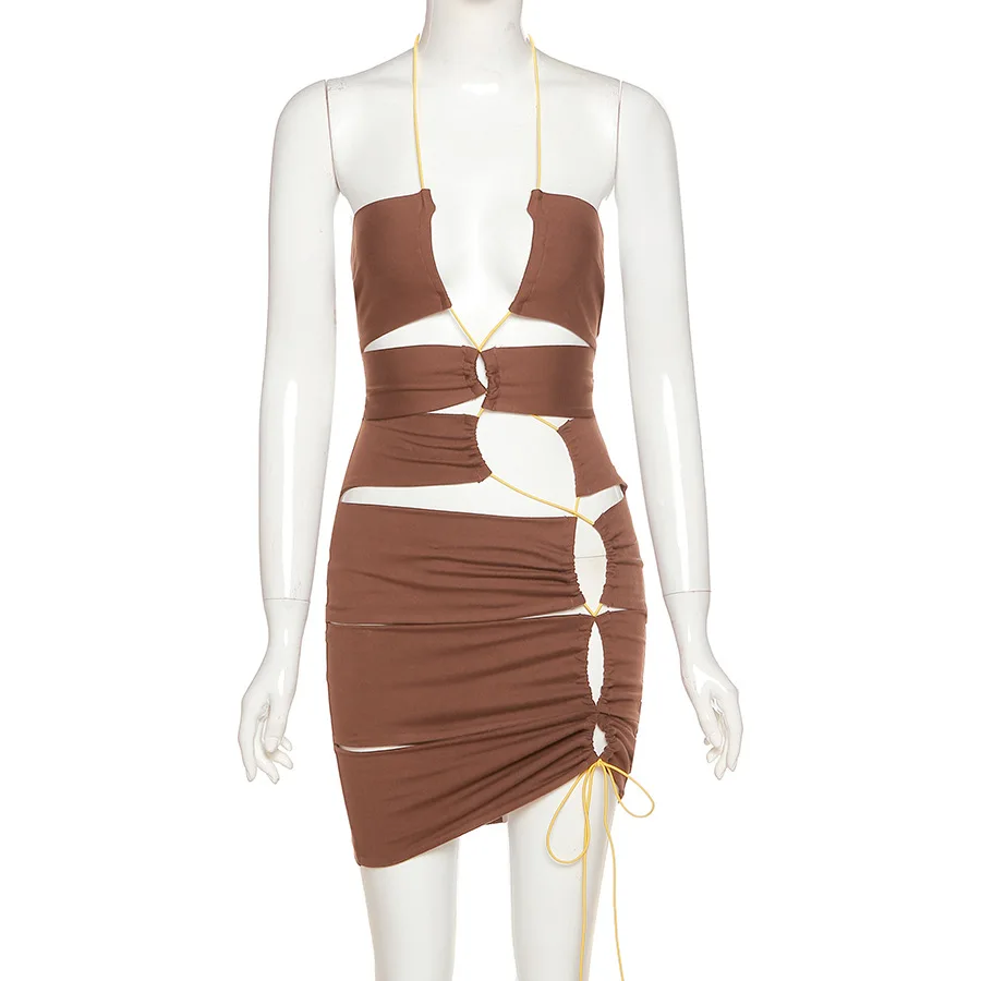 

UETEEY Sexy Bodycon Bandage Dresses for Women Party Club Outfits Asymmetric Hollow Out Halter Backless Mini Dress 2021