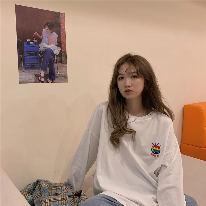 

XZ1502 2021 new Lazy style student casual black white long sleeve T-shirt women