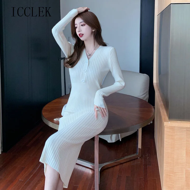 

One-Piece Long-Sleeved Knitted Dress Female 2021 Autumn Winter French Elegant Slim Knitted Sweater Dress Bag Hip Base Knit Dress
