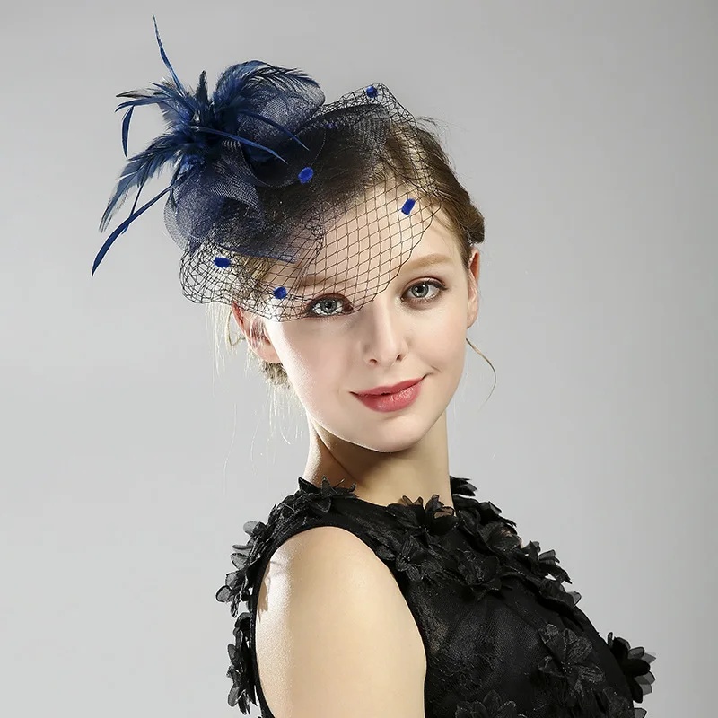 Женская Вуаль с голубыми перьями Свадебная шляпка для невесты модная шикарная 2019