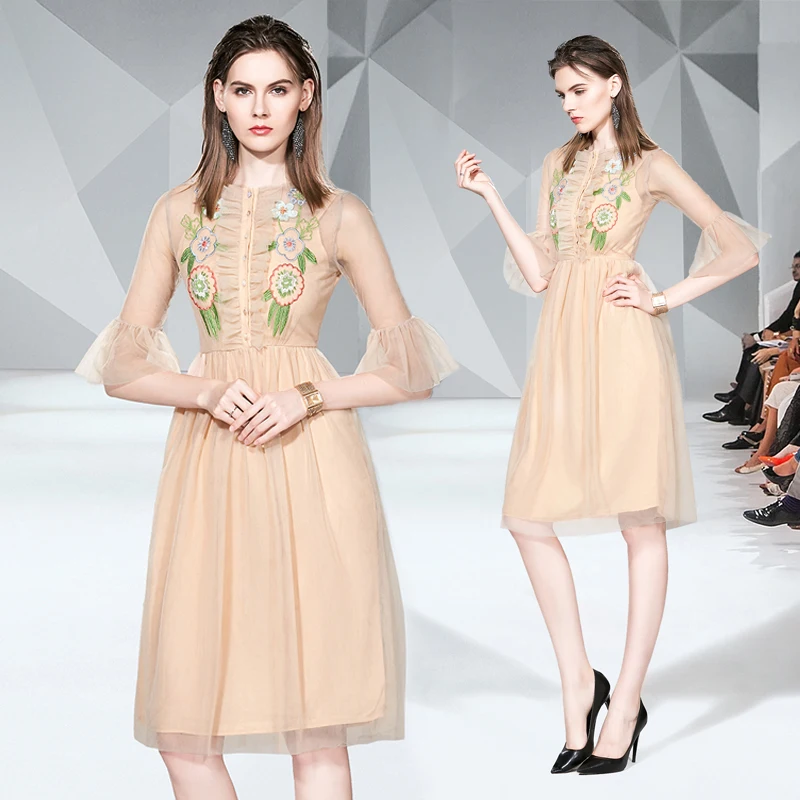 

Actual Spot Early Autumn 2019 New Female Mingyuan Temperament Heavy Industries Embroidery Mesh Yarn Dresses In Long A-skirt