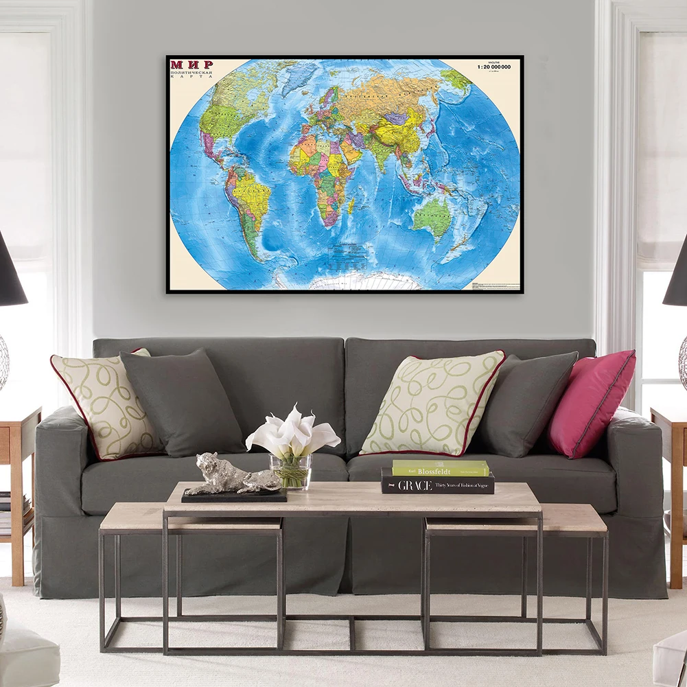 

70*50cm The World Political Map In Russian Wall Art Poster Canvas Painting Children School Supplies Living Room Home Decor