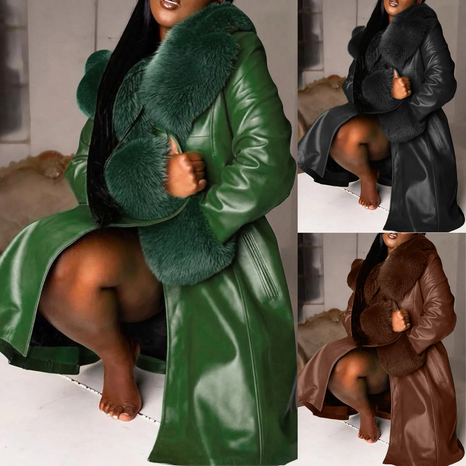 

Женское кожаное пальто с меховым воротником, зимняя модная повседневная женская куртка из искусственной кожи на молнии с отложным воротник...