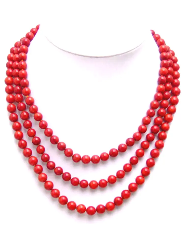 

Qingmos Fashion 6mm Round Natural Red Coral Necklace for Women with Genuine Red Coral Stone Necklace 3 Strands 17-18-19" Jewelry