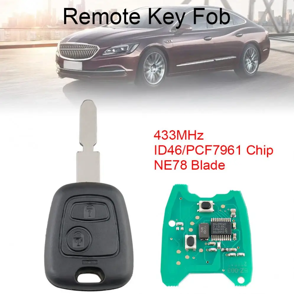 

433Mhz 2Buttons Car Remote key with ID46 /PCF7961 Chip and NE78 Blade Fit for Peugeot 406 407 408 607