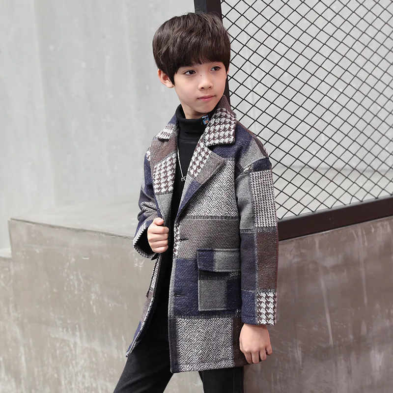 Зимние куртки однотонный шерстяной двубортный плащ для маленьких мальчиков