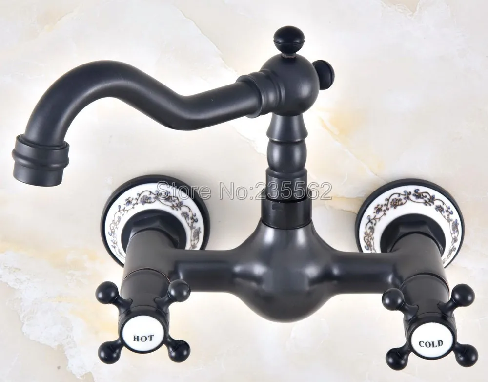 

Oil Rubbed Brass 360 Swivel Spout Kitchen Faucet Wall Mount Sink and Basin Mixer Tap Dual Handle Cold Hot Water Faucets Lnf473