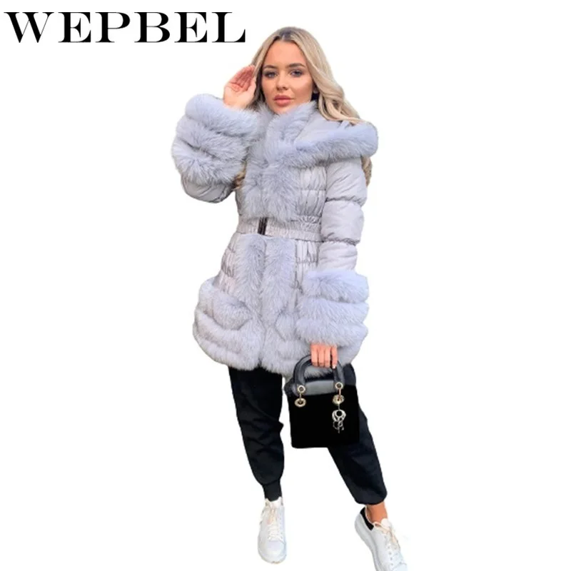 

WEPBEL Women's Warm Soft Fur Hooded Coat Long Corset Jacket Winter Plush Overcoat Elegant Big Fur Hood Collar Outerwear