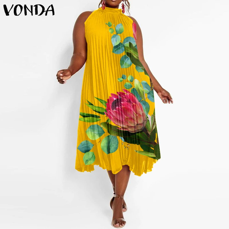 

Summer Sleeveless Tank Dress 2021 VONDA Holiday Floral Print Evening Party Long Dresses Stand Collar Pleated Vestidos Oversized