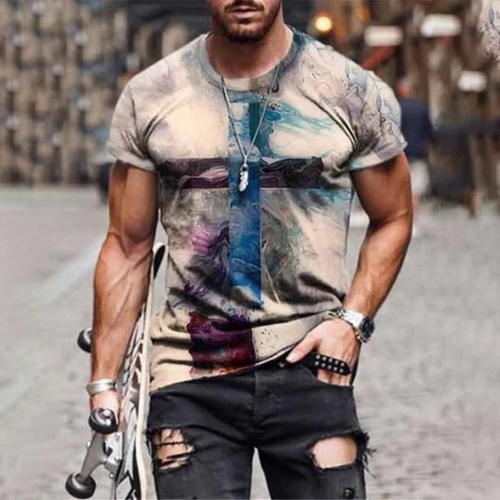 

2021 Men Summer New Fashion Harajuku Colorful Cross Printed O Collared T-shirts Men's Oversized Vintage Short Sleeve T Shirts