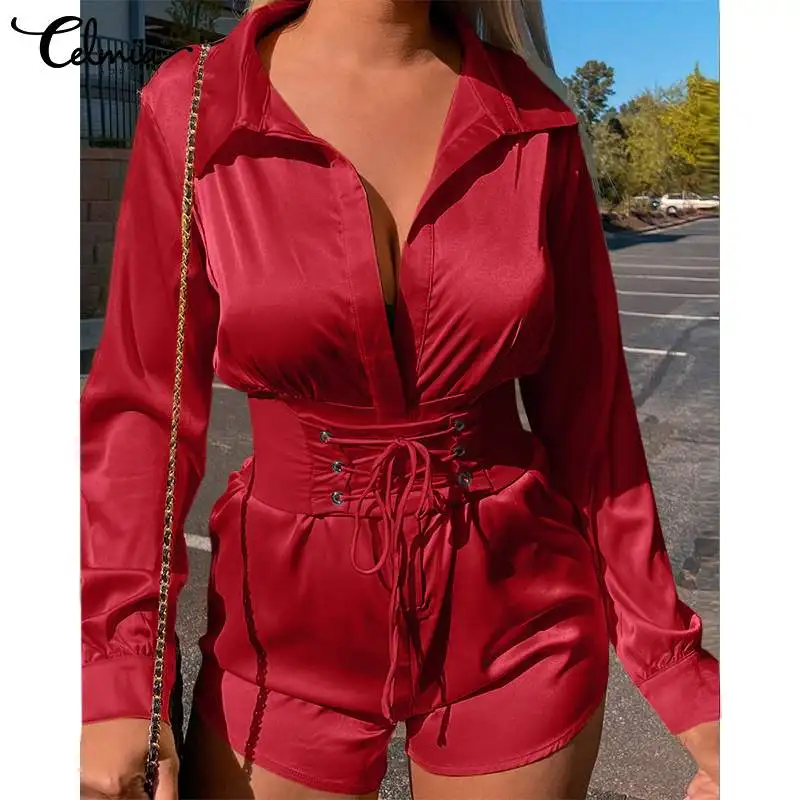 

Модные комбинезоны Celmia 2022, Женские Элегантные короткие комбинезоны с завышенной талией, повседневные атласные комбинезоны с длинным рукав...