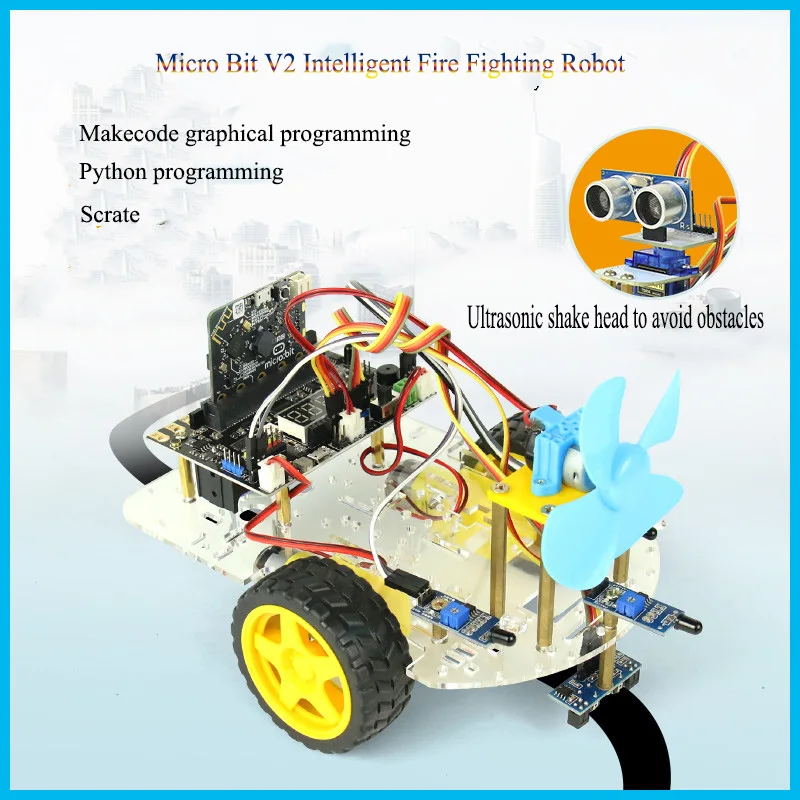 Microbit Intelligent Fire Fighting Robot Teenage Python Graphical Programming Ultrasonic Obstacle Avoidance Shaking Head