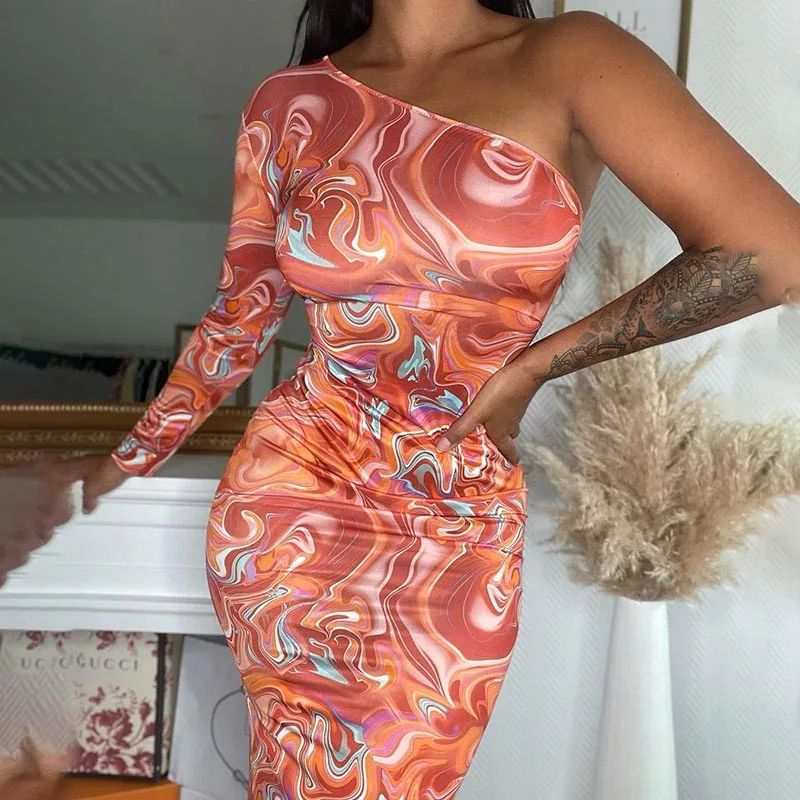 

2021 Women Winter Slim One Shoulder Bodycon Party Midi Dress Printed Autumn Club Sexy Female One Piece Long Dress