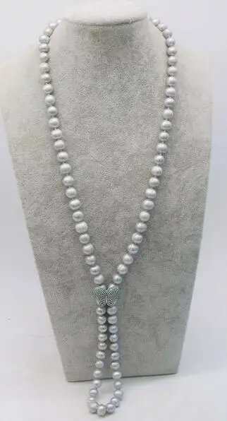 

freshwater pearl gray 8-9mm round necklace wholesale nature 32" green butterfly