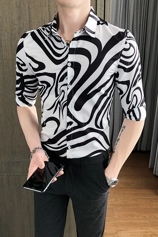 

Designer Printed Men's Shirt Korean Style Slim Social Shirt Short Sleeve Streetwear Male Clothing Nightclub Party Barber Blouse