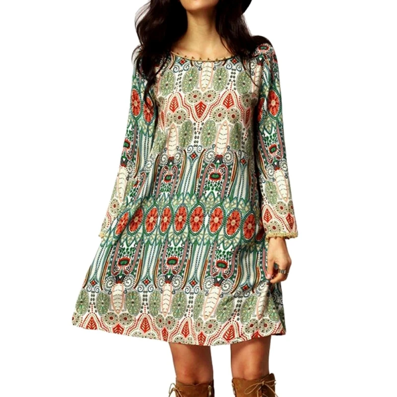 

Lady Women Boho Floral Print Casual Short Dress Party Long Sleeve Mini Dress X5XA