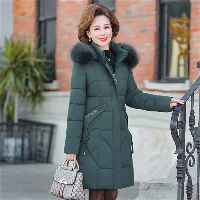 

Middle-aged Women Long Parka Winter Jacket Hooded Thick Warm Cotton Padded Womens Coat Fur Collar Plus Size XL-5XL Down Jacket