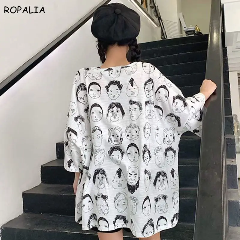 Korean Style T-Shirts For Women Loose Short Sleeve Round Neck Graphic Printed Ladies Tees Oversize T-Shirts navy basic knit round neck t shirts