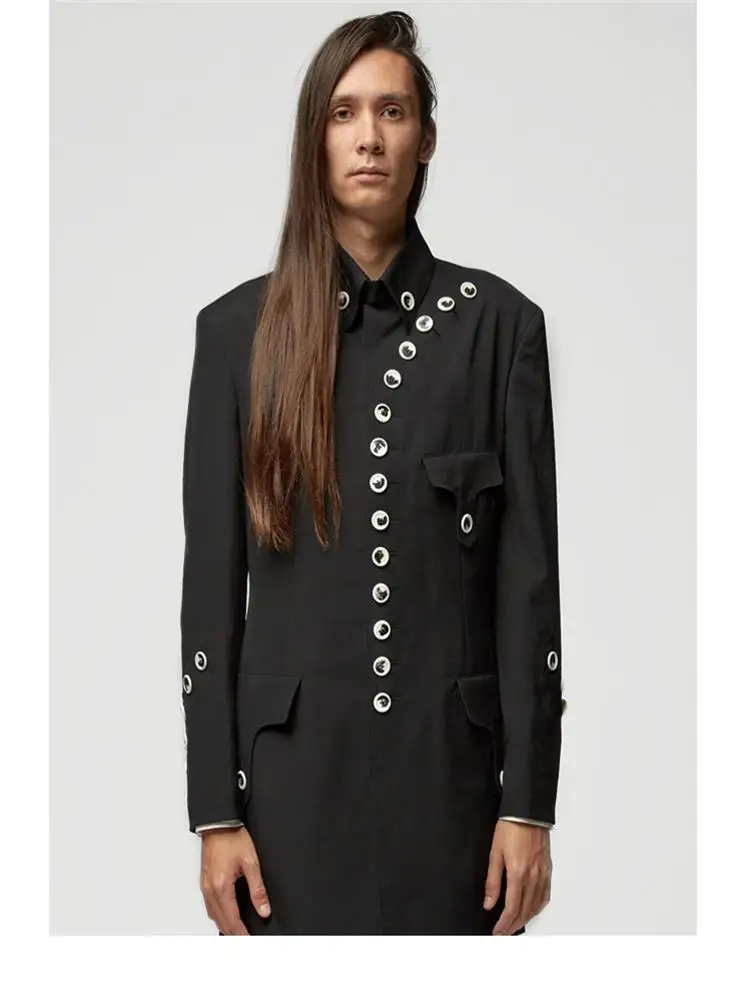 

Пальто мужское однотонное с квадратным воротником, модная индивидуализированная одежда в стиле милитари, облегающее пальто с карманами и п...