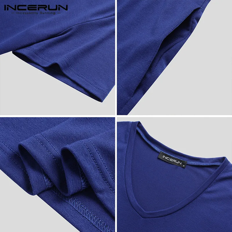 

Summer Men Comfortable Homewear Suits INCERUN Men Solid Color Pajama Sets Short Sleeve V Neck Tops Elastic Shorts 2 Pieces S-5XL