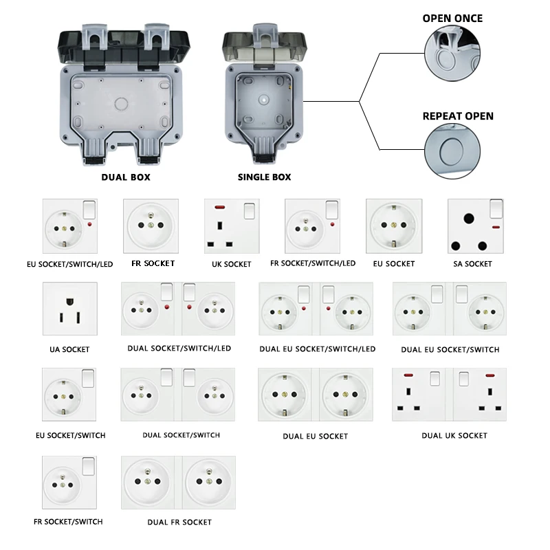 

Avoir IP66 Outdoor Windproof And Waterproof Box Socket With Switch EU UK FR Wall Plug Socket Plastic Material Open Once Hole