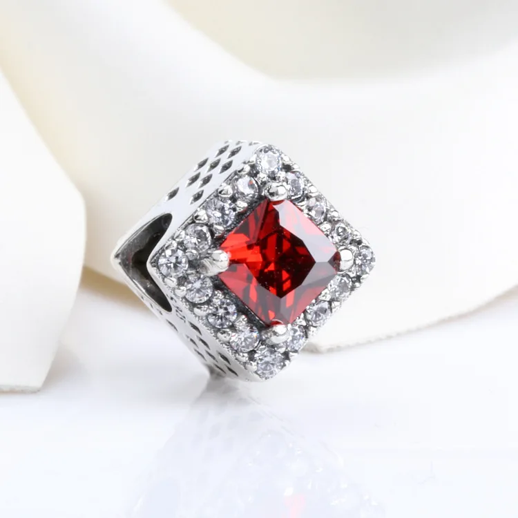

925 Sterling Silver Geometry Square colourful Charm Beads Fit Original pan Bracelets Bangles DIY Jewelry