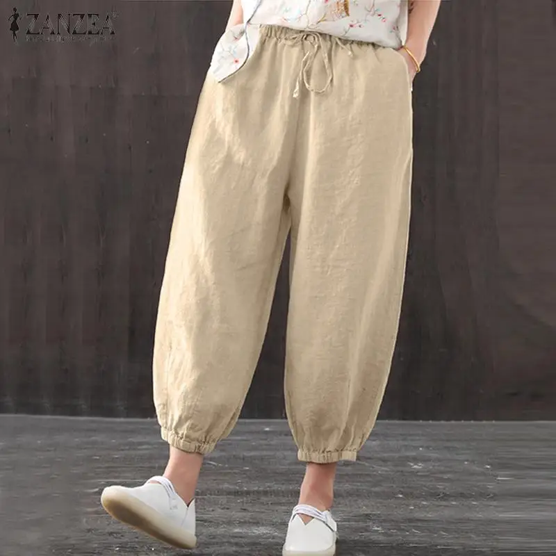 

Fashion Lady Long Harem Pants Womens Loose High Waist Bottoms Casual Cotton Linen Drawstring Pantalon 2021 Summer Solid Trousers