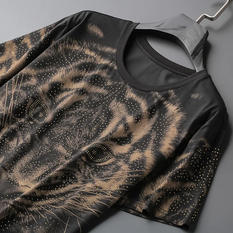 

2021 Summer New Short Sleeve T-Shirt Men's Lion Face Print popular logo Hot Diamond Half Sleeve Shirt